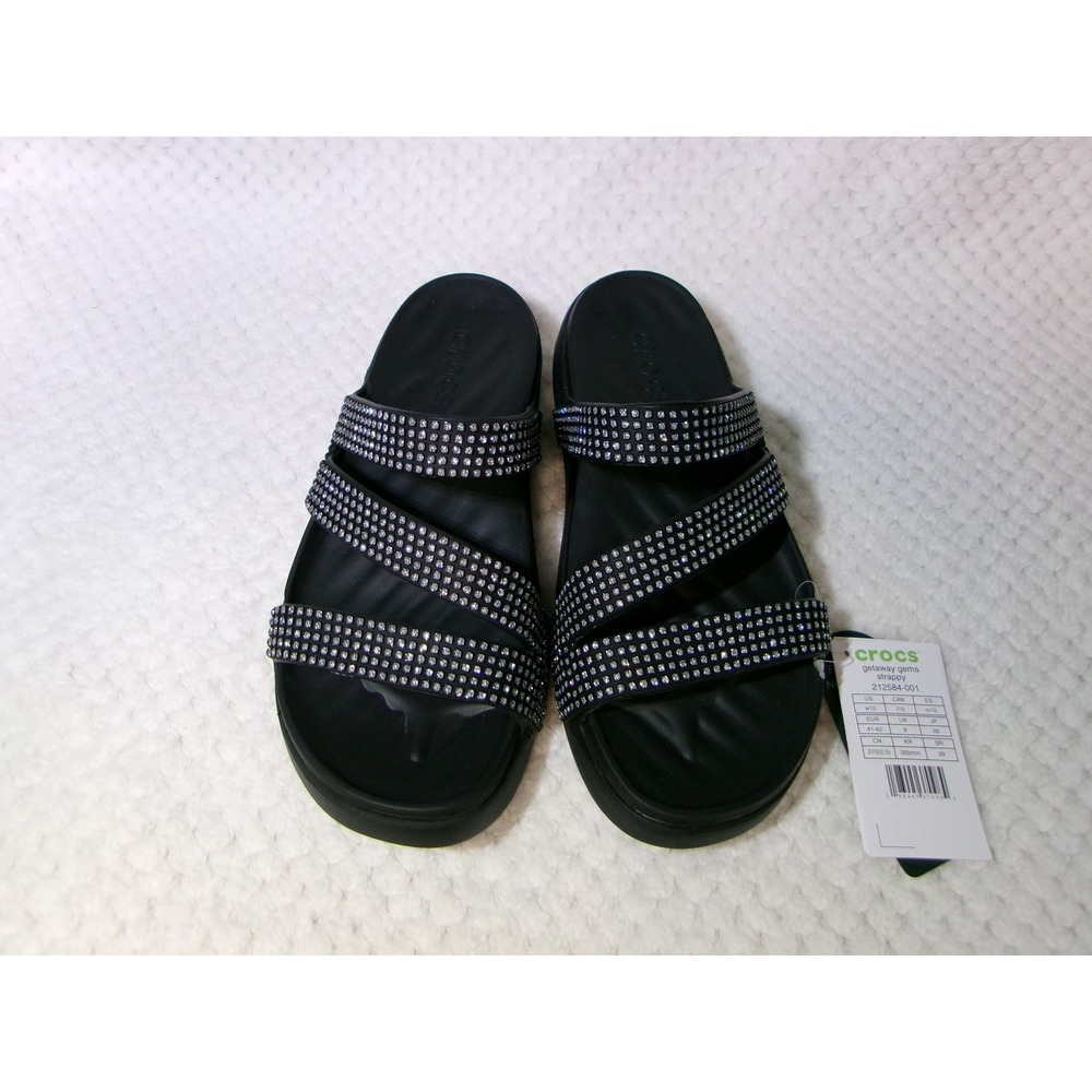 Crocs Getaway Gems Strappy Black Rhinestone Slide Sandals 212584-001 Womens 10